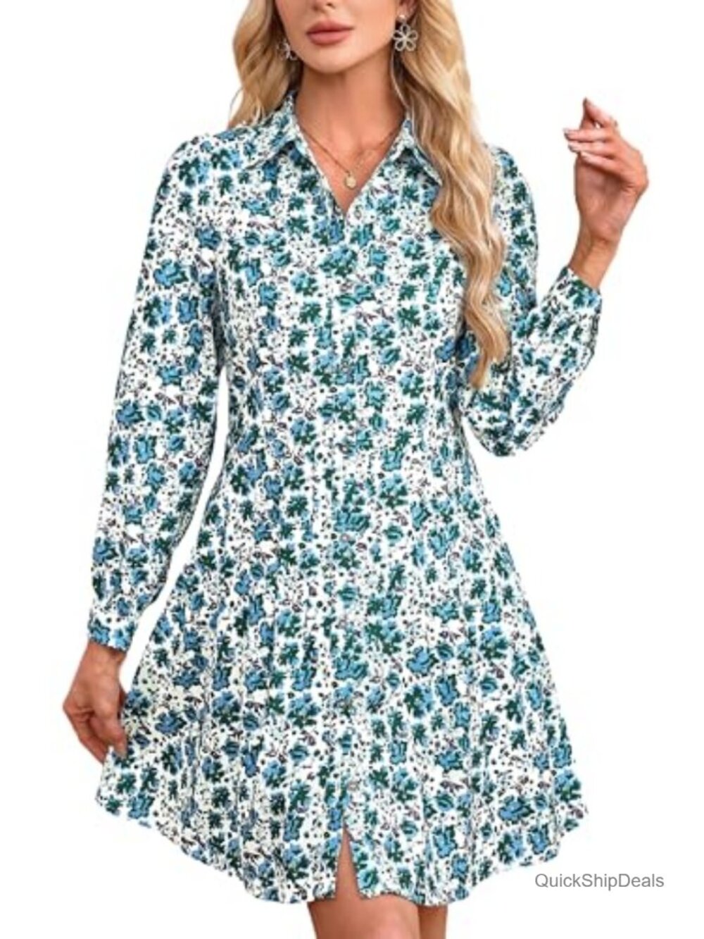 Corduroy Shift Dress with Floral Print, Button Down, Pockets, Fall Winter